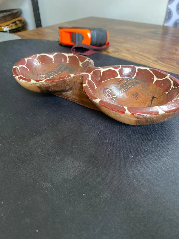 Vintage hand painted African double bowl gravy boat giraffe scene decor