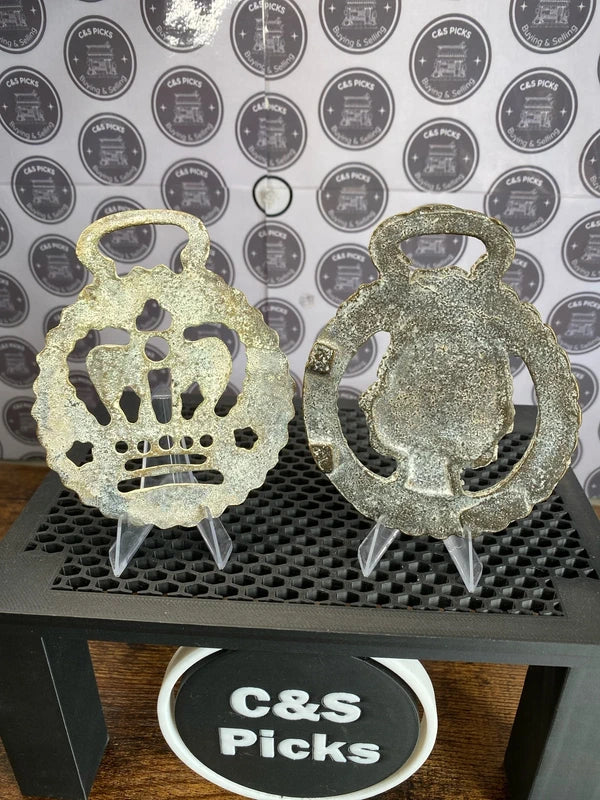 Pair of vintage horse brass Queen Elizabeth silver jubilee + crown bundle