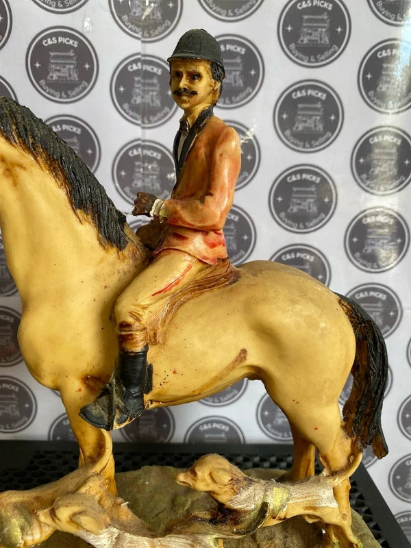 Vintage horse + rider & three hound puppy statue ornament figurine antique collectible