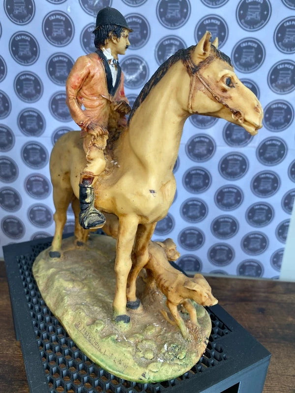 Vintage horse + rider & three hound puppy statue ornament figurine antique collectible