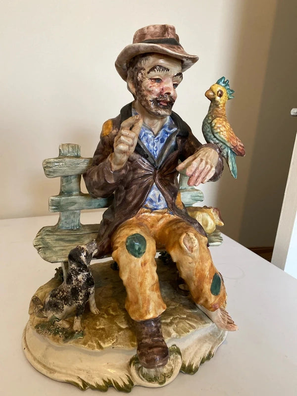 Large porcelain “ homeless man “ figurine ornament statue w/ dog bird vintage decor quirky