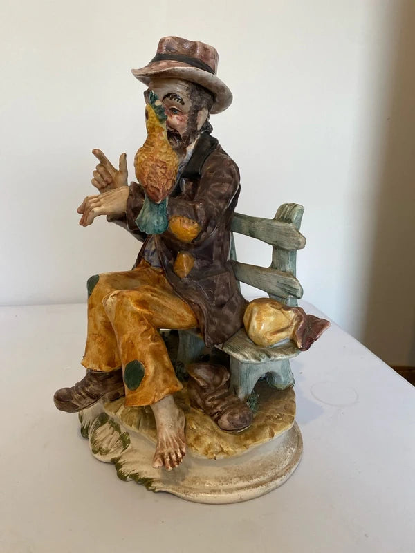 Large porcelain “ homeless man “ figurine ornament statue w/ dog bird vintage decor quirky