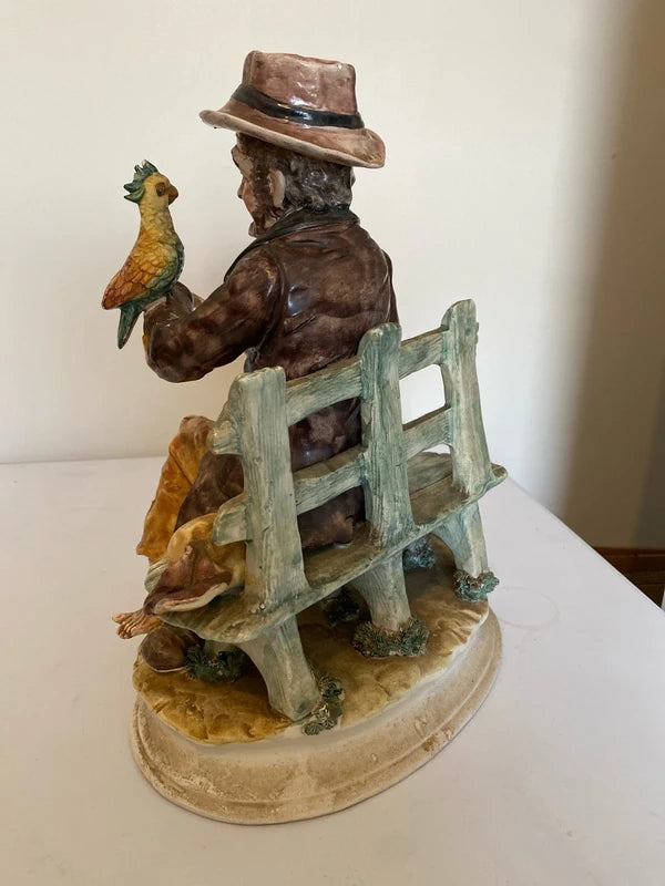 Large porcelain “ homeless man “ figurine ornament statue w/ dog bird vintage decor quirky