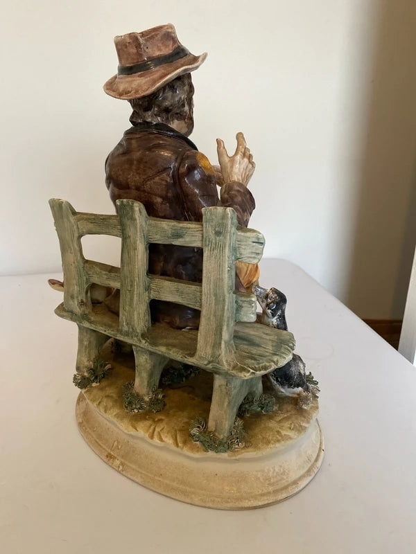Large porcelain “ homeless man “ figurine ornament statue w/ dog bird vintage decor quirky