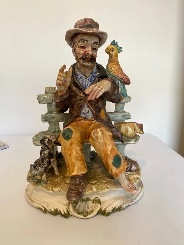 Large porcelain “ homeless man “ figurine ornament statue w/ dog bird vintage decor quirky