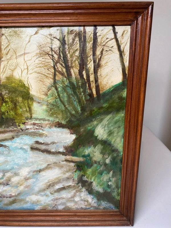 Vintage hand painted oil painting river forest nature scene signed - Clifford Bennett