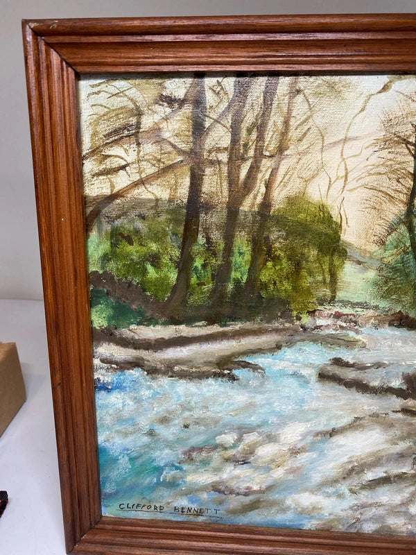 Vintage hand painted oil painting river forest nature scene signed - Clifford Bennett