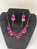 Beautiful necklace & earring set dangly earring pink with gold tone costume jewellery