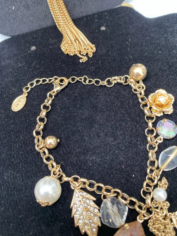 Lovely necklace bracelet & earring set metal gold tone long chain costume jewellery