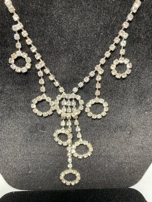 Silver tone sparkly necklace & earring set hoops dangly costume jewellery set