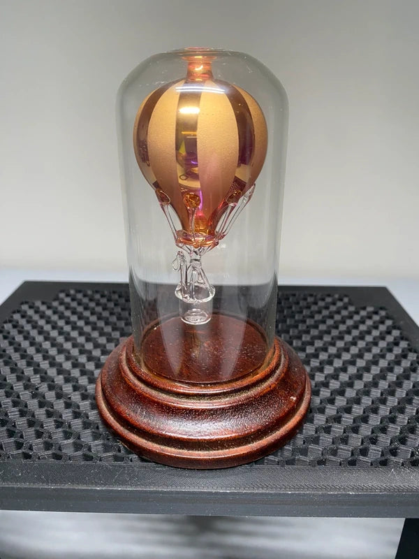 Beautiful Gold Hand Blown Glass Hot Air Balloon In Glass Dome Wooden Base