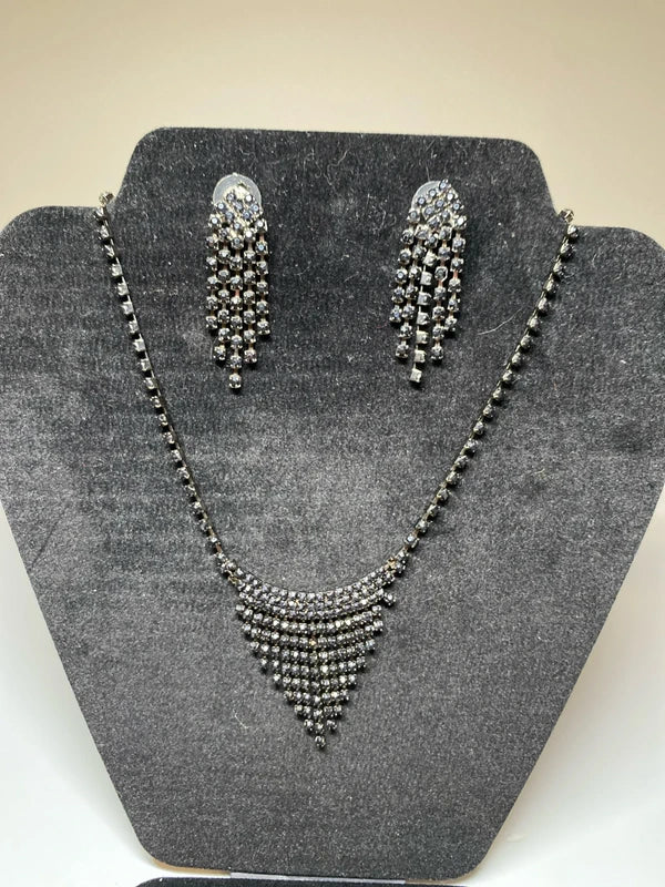 Black Choker style necklace & dangly earring set metal costume jewellery set