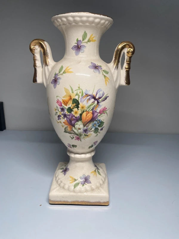 Antique French Empire Vase With Swan Handles floral flower design urn shape