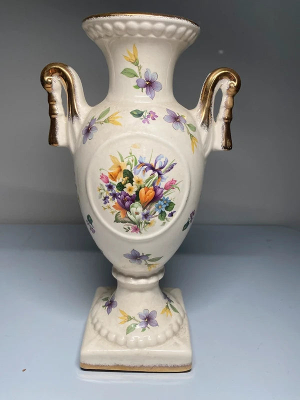Antique French Empire Vase With Swan Handles floral flower design urn shape