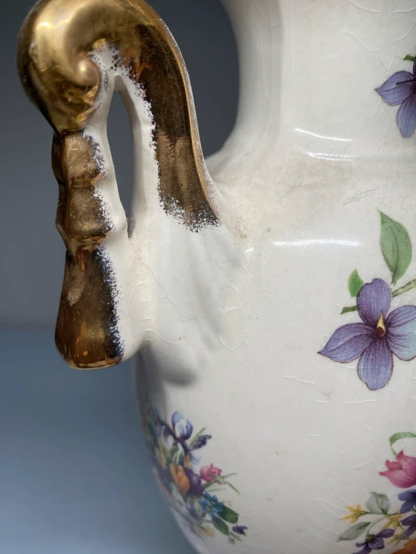 Antique French Empire Vase With Swan Handles floral flower design urn shape