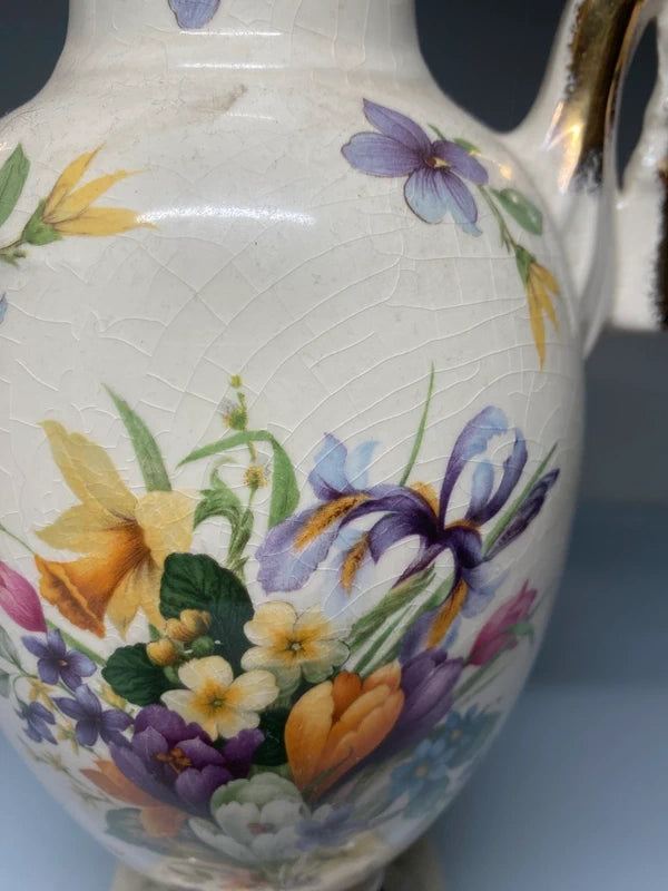 Antique French Empire Vase With Swan Handles floral flower design urn shape