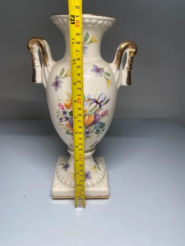 Antique French Empire Vase With Swan Handles floral flower design urn shape